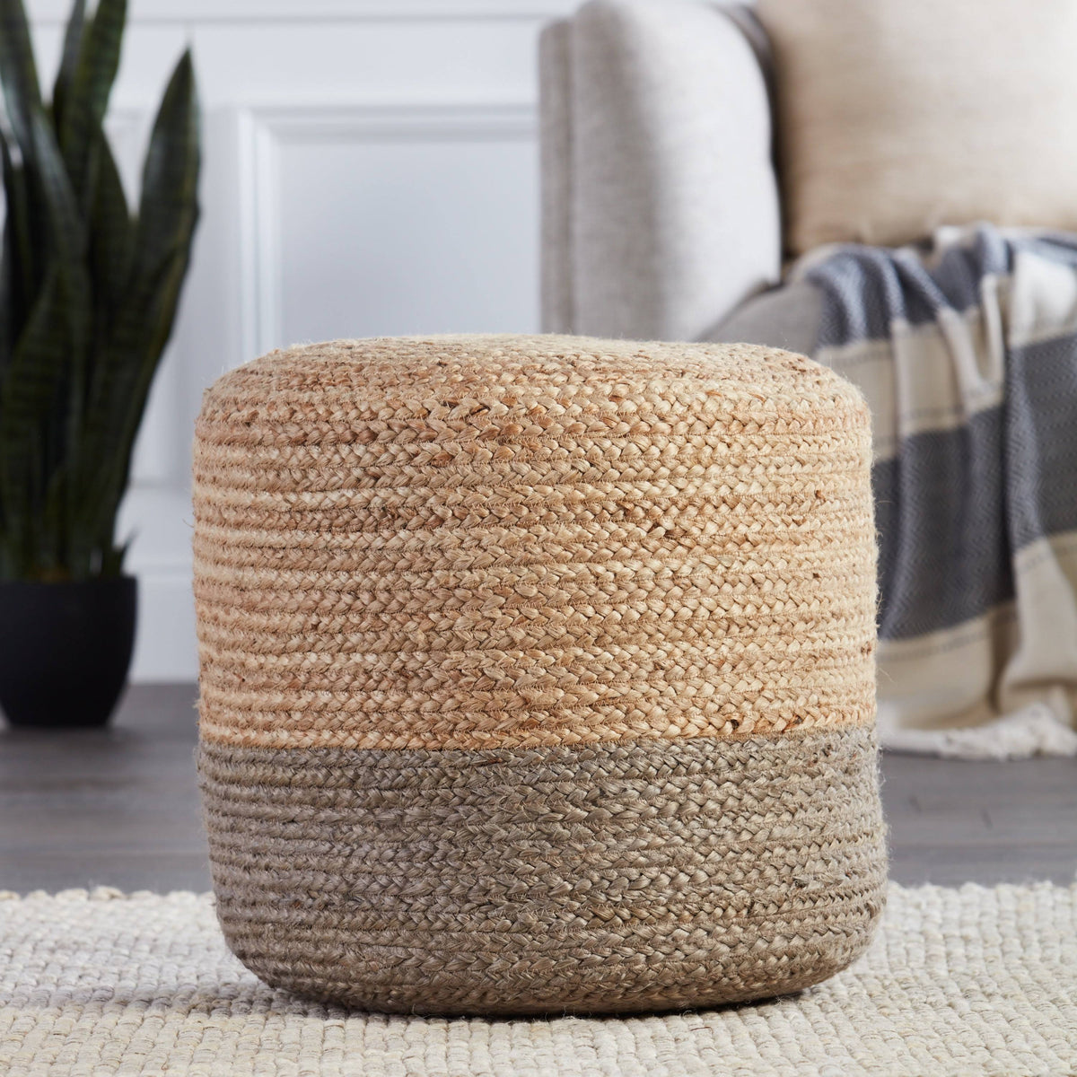 White/Beige Braided Jute Cylinder Pouf T3978