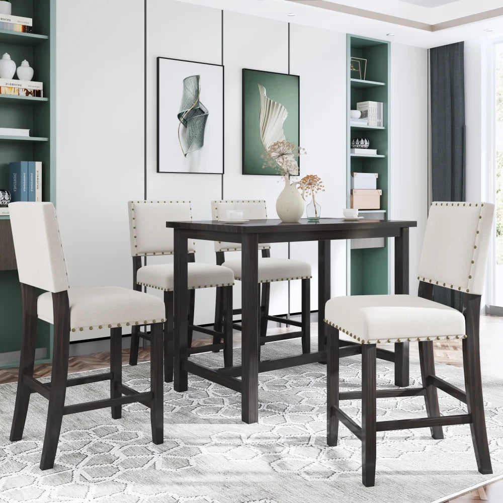 5 Piece Rustic Wooden Counter Height Dining Table Set with 4 Upholstered Chairs T72703