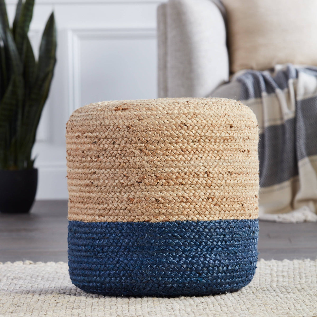 White/Beige Braided Jute Cylinder Pouf T3978