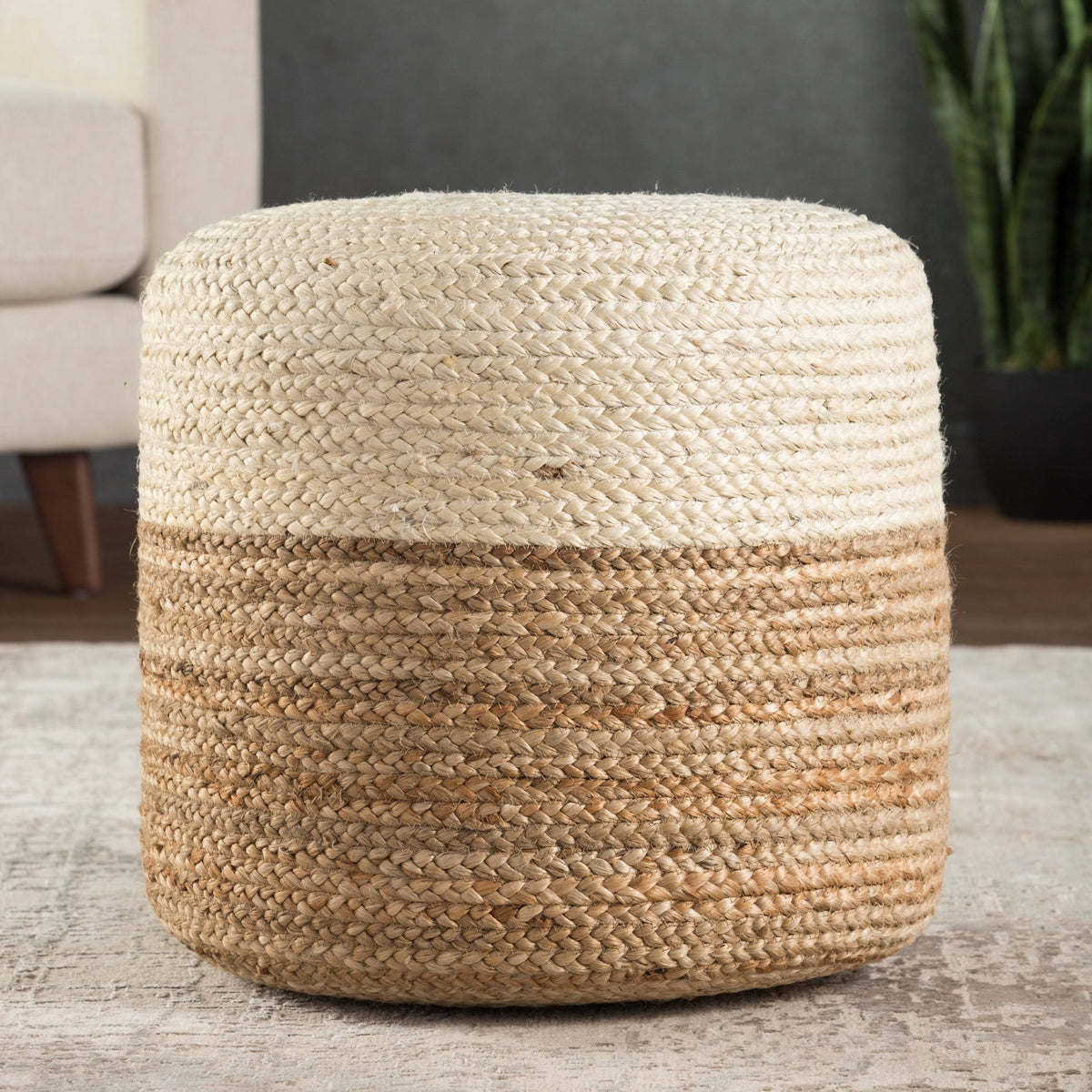 White/Beige Braided Jute Cylinder Pouf T3978